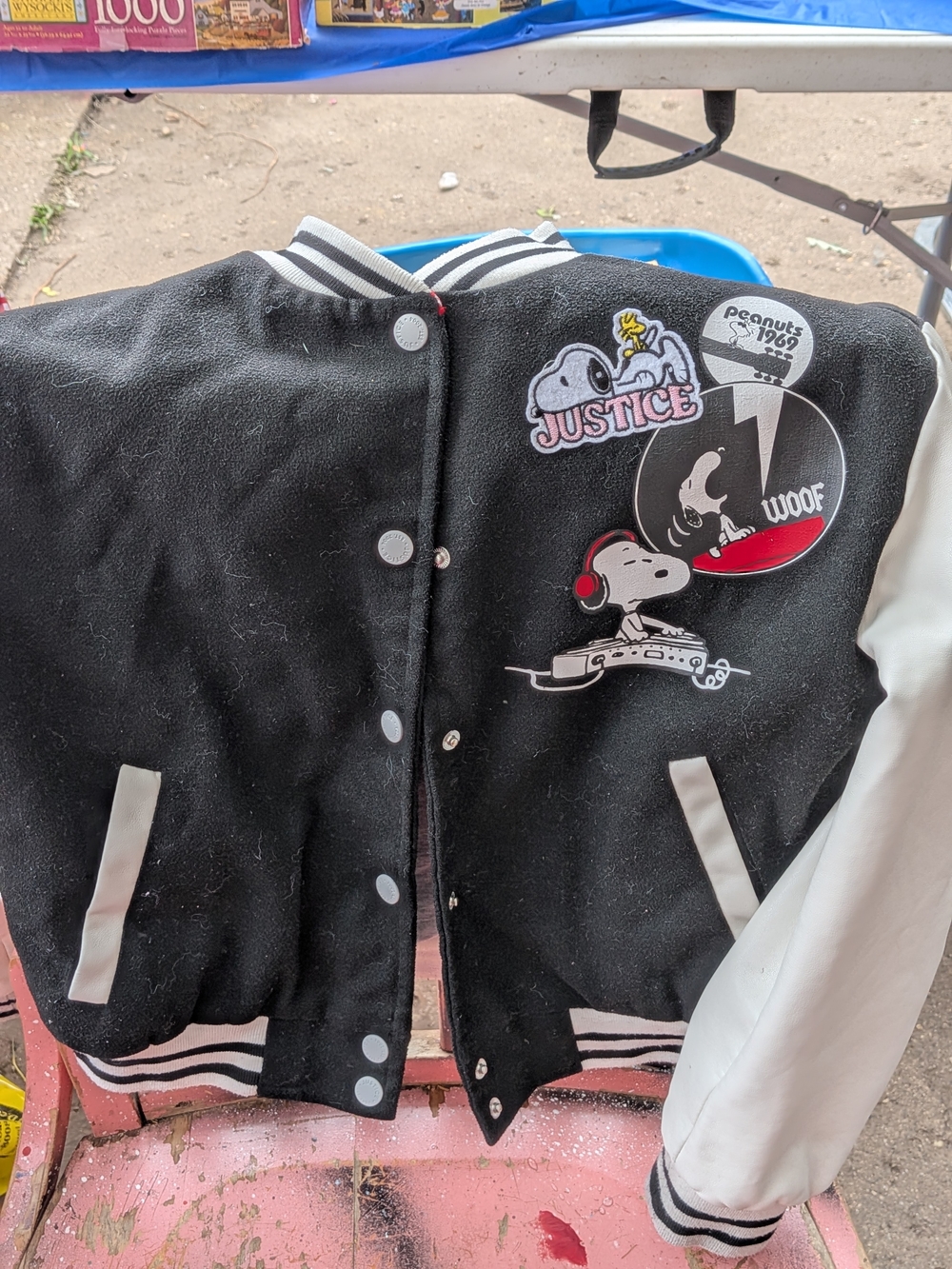 Justice Black & White Snoopy Patch Varsity Jacket